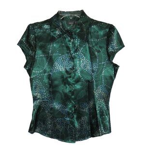 Mexx Women's Green Satin Abstract Print Collared Button Up Blouse Size 6